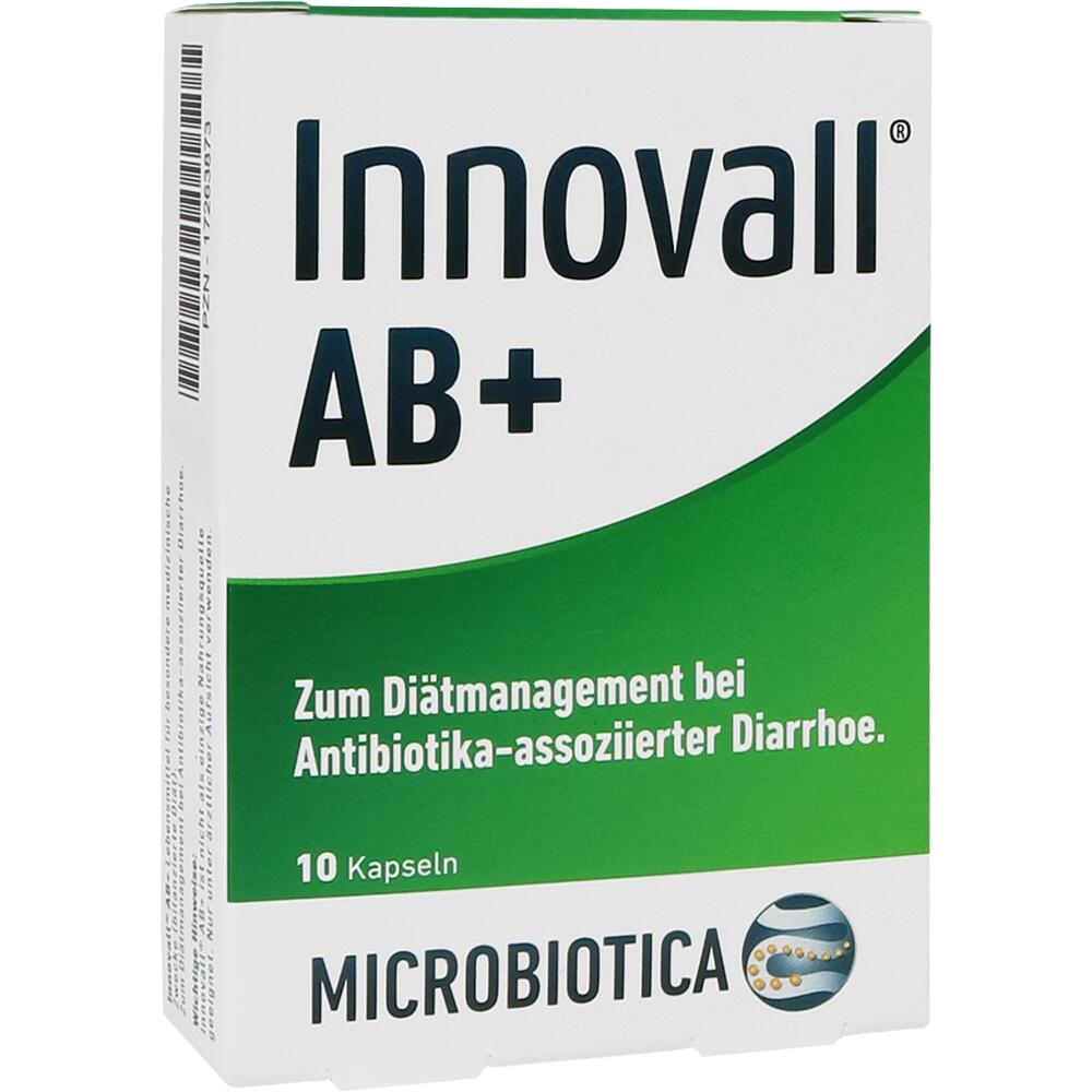 Wei&szlig;e Packung mit gr&uuml;nen Details von Innovall AB+, enth&auml;lt 10 Kapseln f&uuml;r Di&auml;tmanagement.