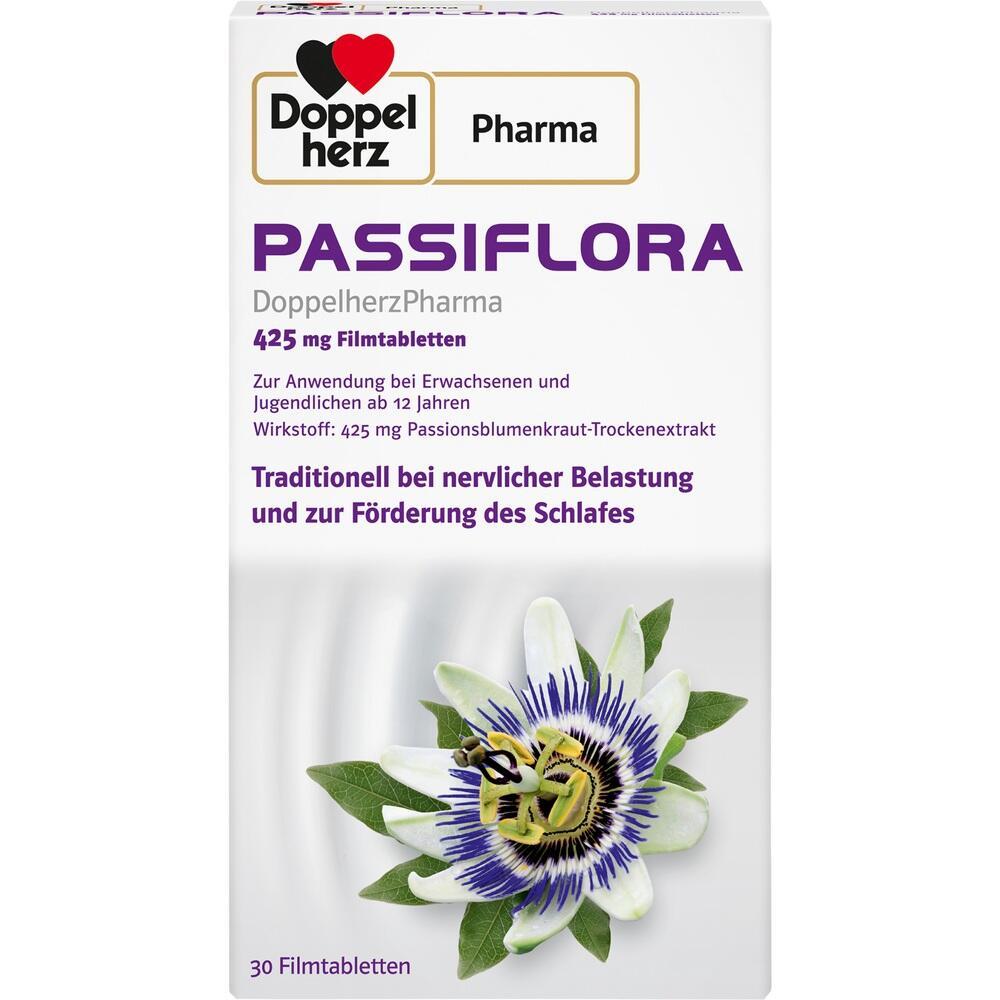 Packung von Passionsblumenkraut-Tabletten zur Beruhigung und Schlafunterstützung.