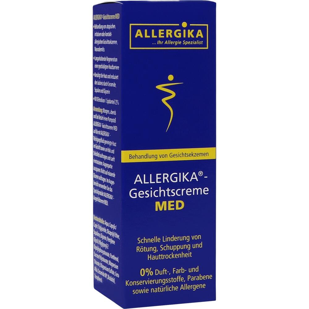 Blaue Verpackung einer Allergika-Gesichtscreme gegen Ekzeme.