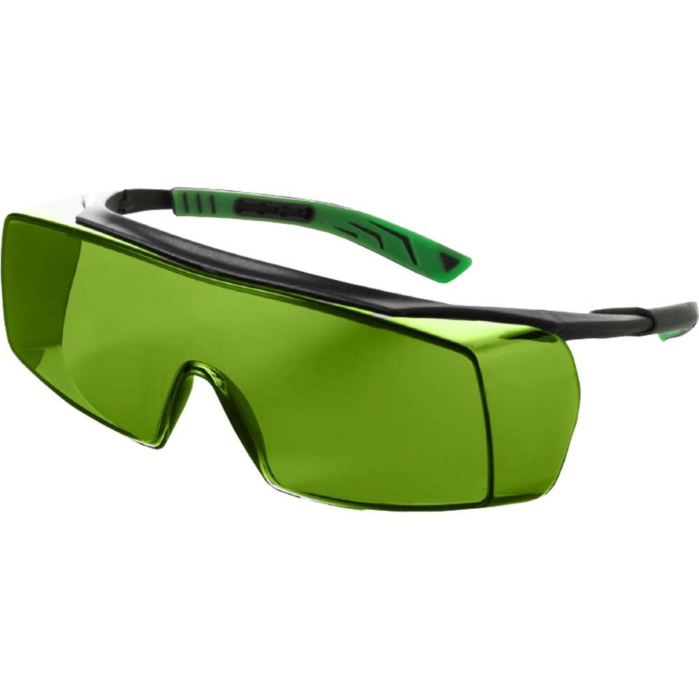 Grüne Schutzbrille mit breitem, geschlossenem Design.