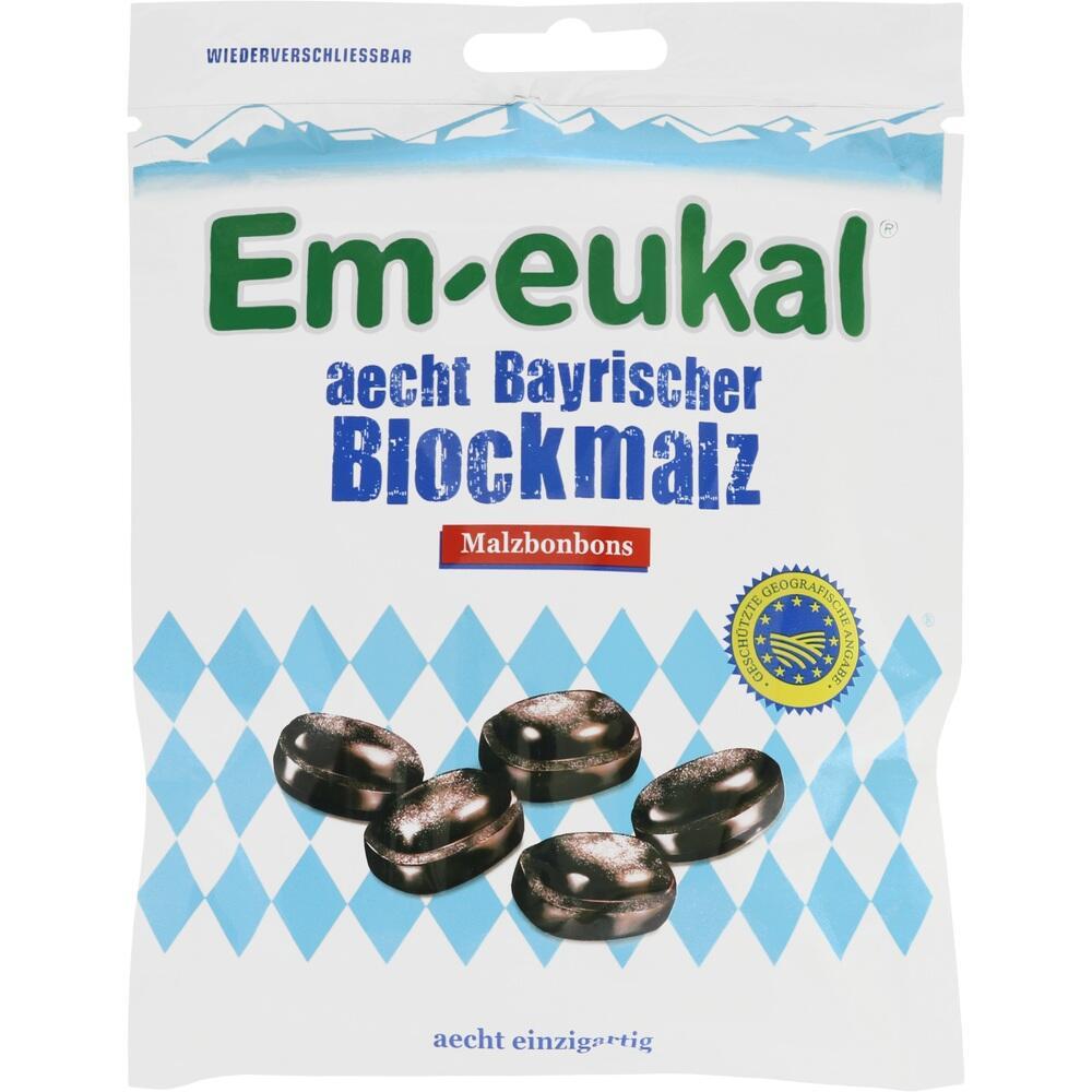 Eine Packung Em-eukal Malzbonbons mit blau-weißem Rautenmuster.