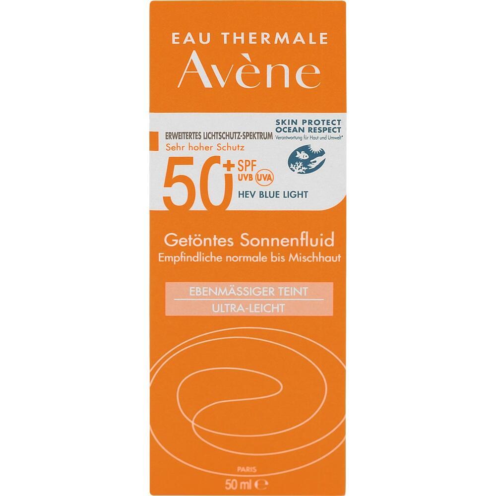 Orange Verpackung von Avène Sonnenfluid mit Lichtschutzfaktor 50+.