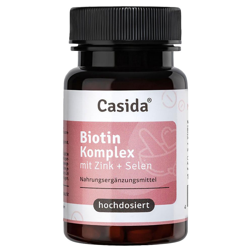 Braunes Fl&auml;schchen mit Etikett f&uuml;r Biotin-Komplex und dem Hinweis "hochdosiert".