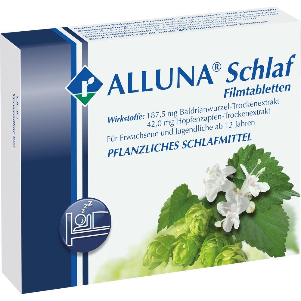 Verpackung von pflanzlichen Schlaftabletten mit Baldrian und Hopfen abgebildet.