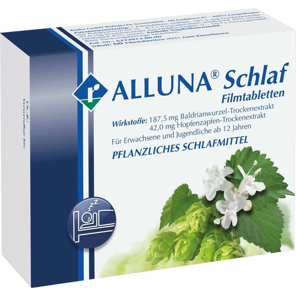 Die Verpackung zeigt pflanzliche Schlaftabletten mit Baldrian und Hopfen.