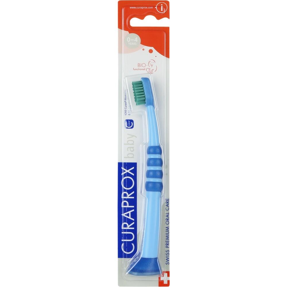Eine blaue Zahnbürste für Babys in einer transparenten Verpackung.