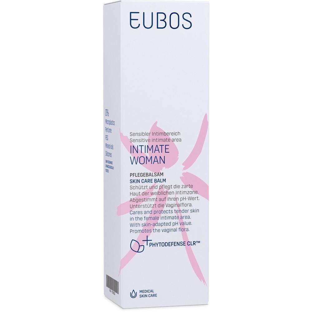 Eine wei&szlig;e Verpackung mit der Aufschrift &bdquo;EUBOS Intimate Woman&ldquo; f&uuml;r Intimpflegebalsam.