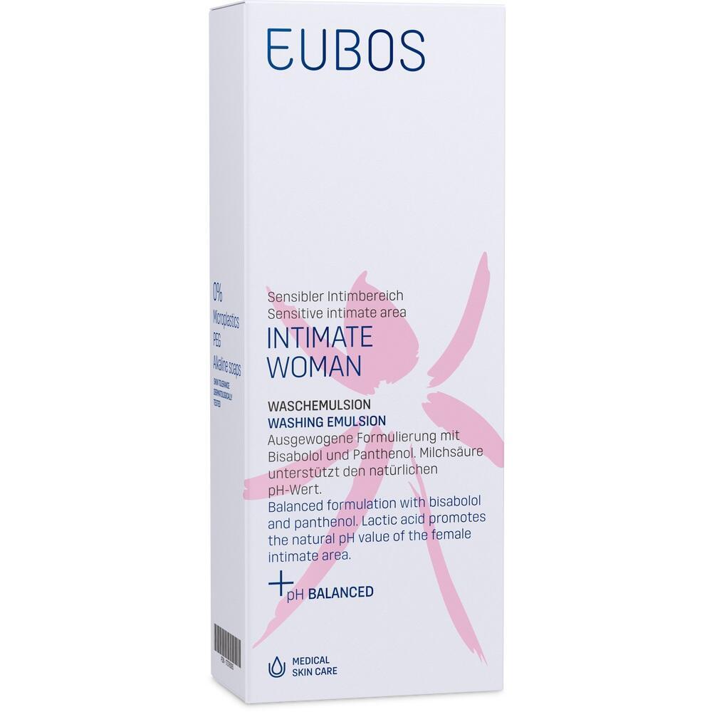 Wei&szlig;e Verpackung einer Intimwaschemulsion mit rosa Elementen und blauer Schrift.