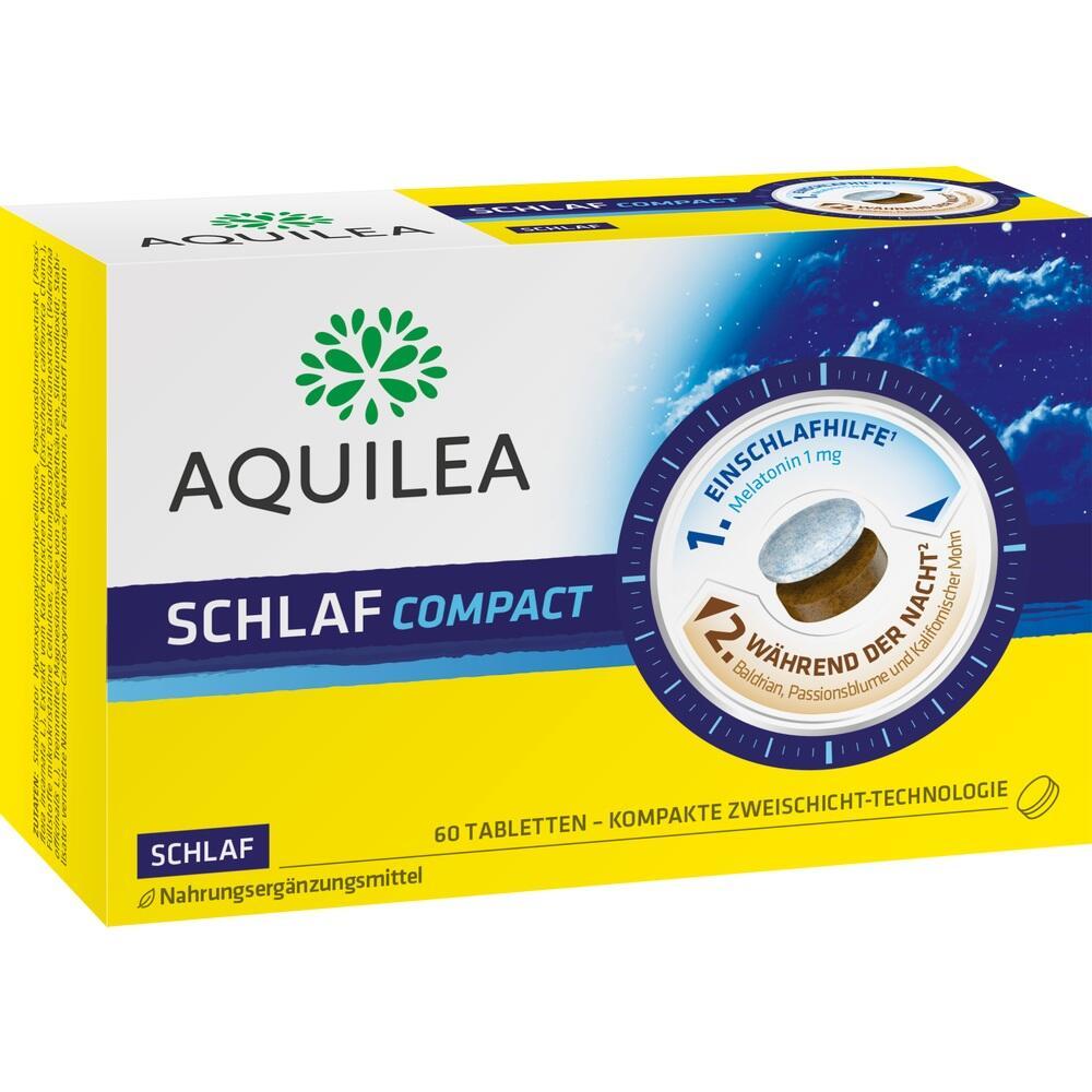 Gelbe Packung „Aquilea Schlaf Compact“ für besseres Einschlafen und ruhigen Schlaf.