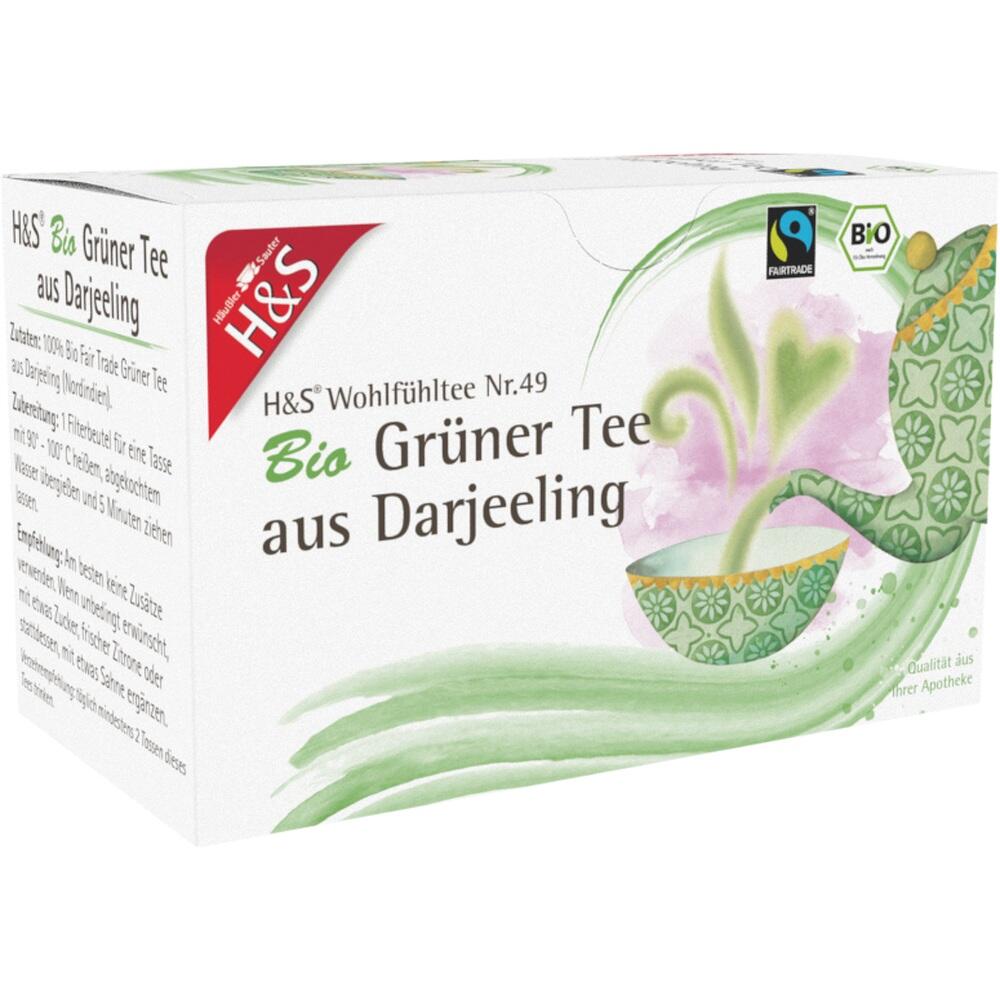 Verpackung von H&S Bio Grüntee aus Darjeeling mit Fairtrade-Siegel.