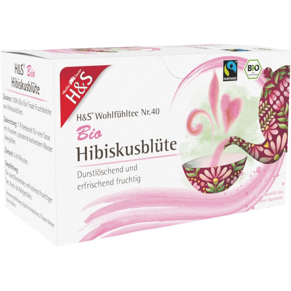 Eine Packung H&S Bio Hibiskusblüten-Tee mit Fairtrade- und Bio-Logo.