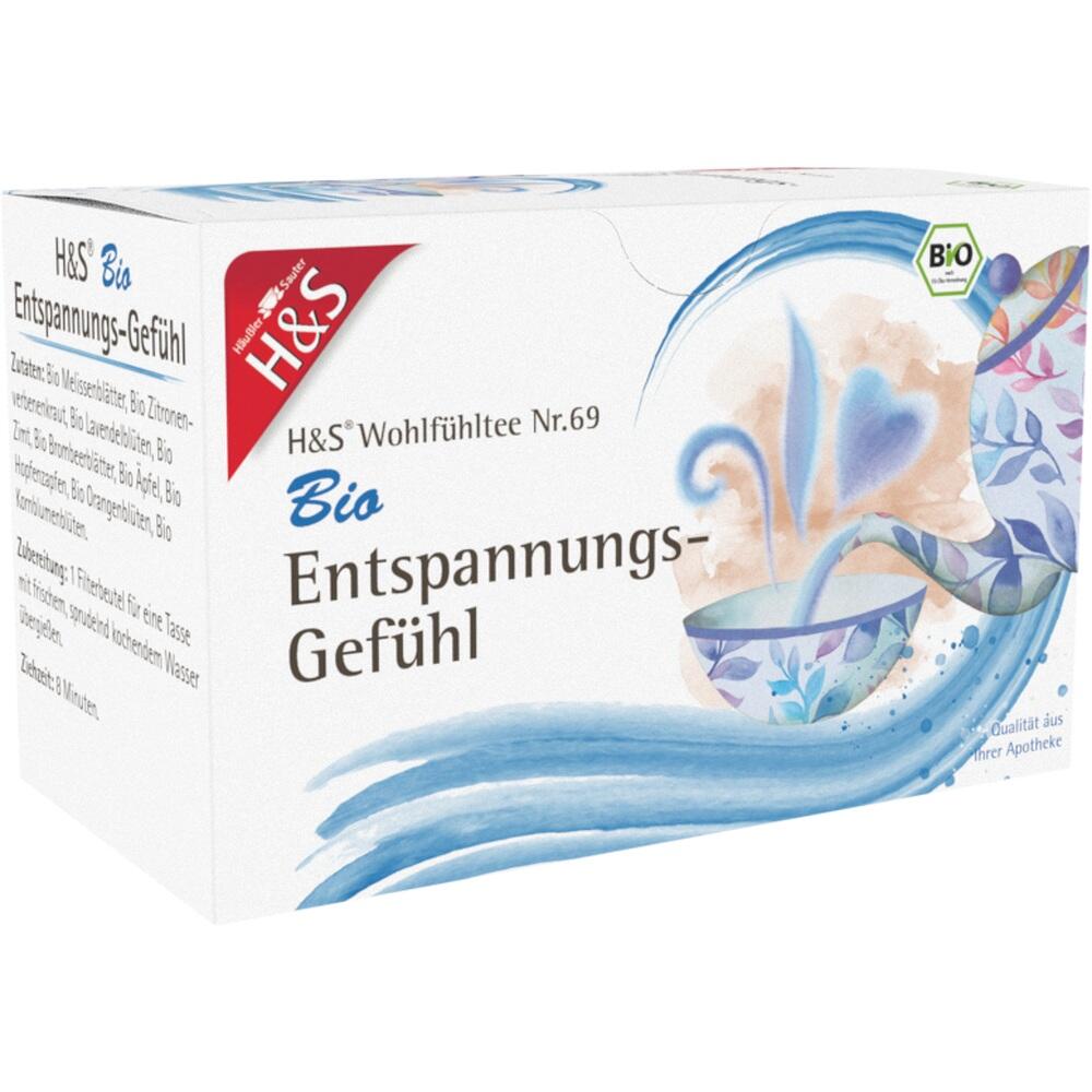 Die Teepackung zeigt Kräuter und das Wort "Entspannung".
