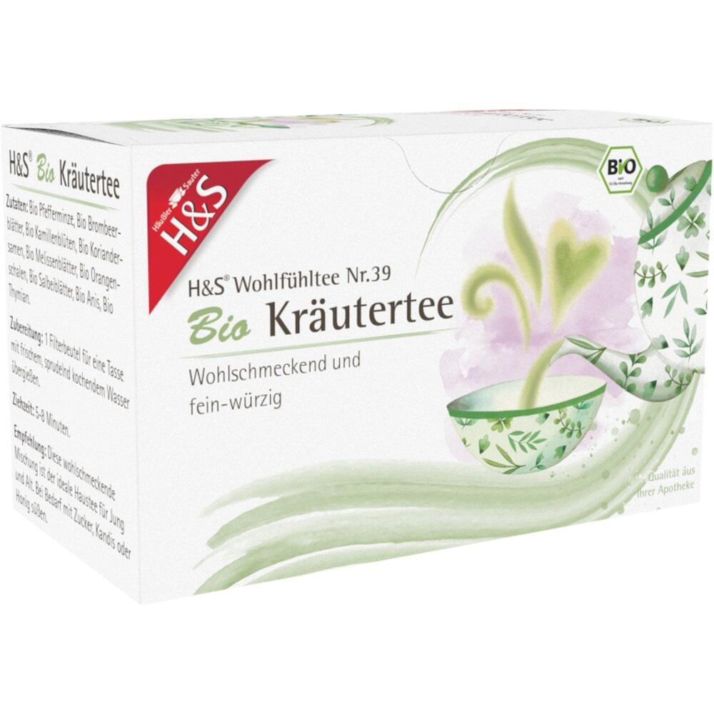 Teepackung mit Kräuterabbildungen und der Aufschrift "H&S Bio Kräutertee".