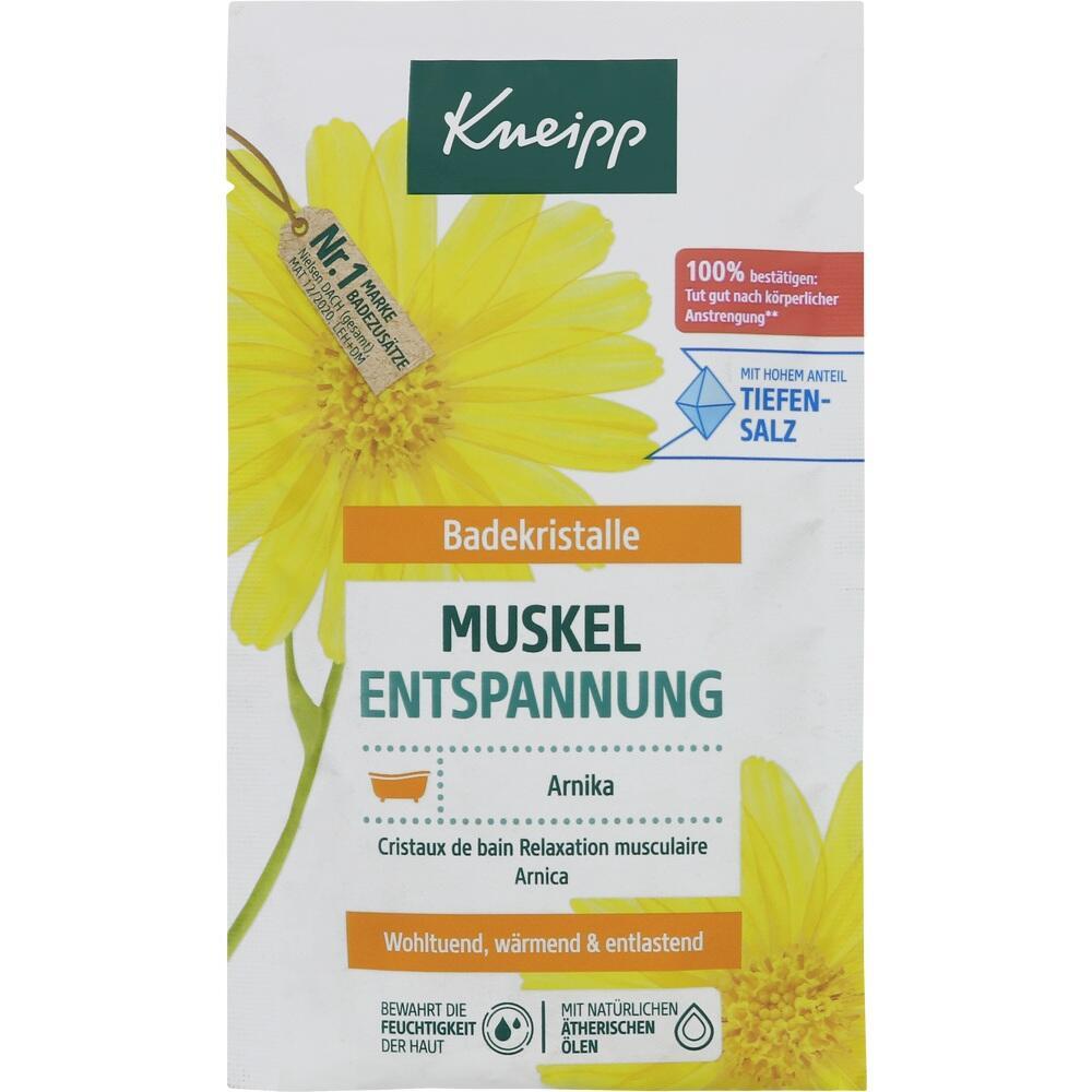 Verpackung von Kneipp Badekristallen zur Muskelentspannung mit Arnika und Tiefensalz.