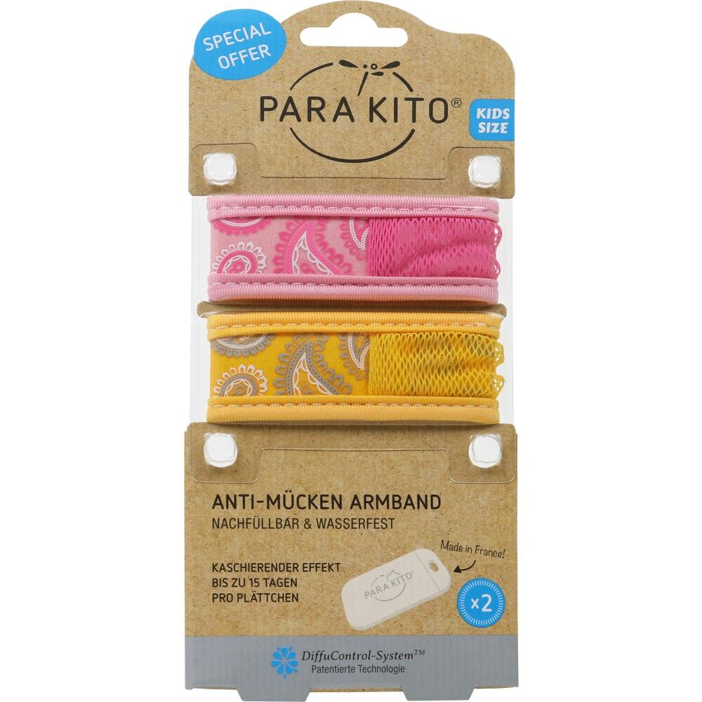 Zwei bunte Anti-Mücken-Armbänder in einer Verpackung für Kinder.