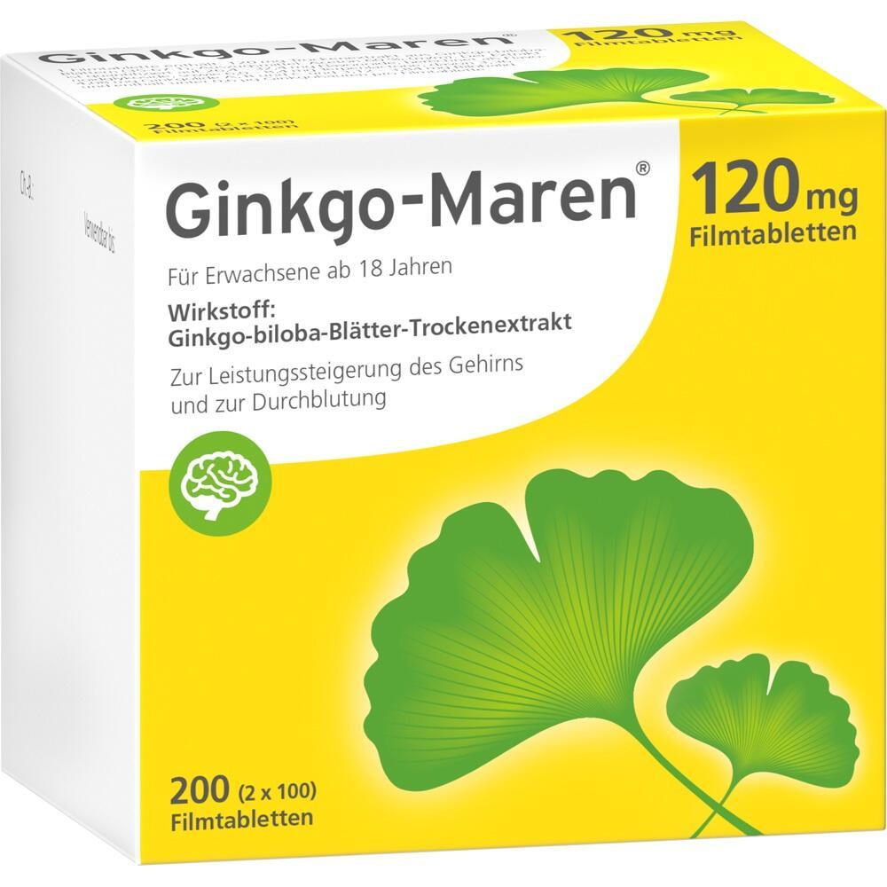 Eine Packung Ginkgo-Maren-Tabletten zur Unterst&uuml;tzung von Gehirn und Durchblutung.