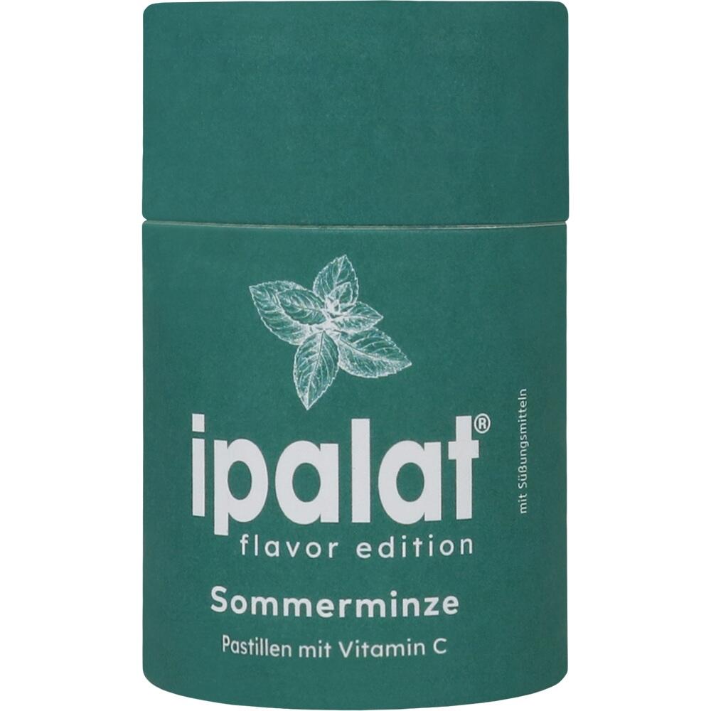 Grüne Dose mit Minzblättern und der Aufschrift "ipalat, Sommerminze, Pastillen mit Vitamin C".