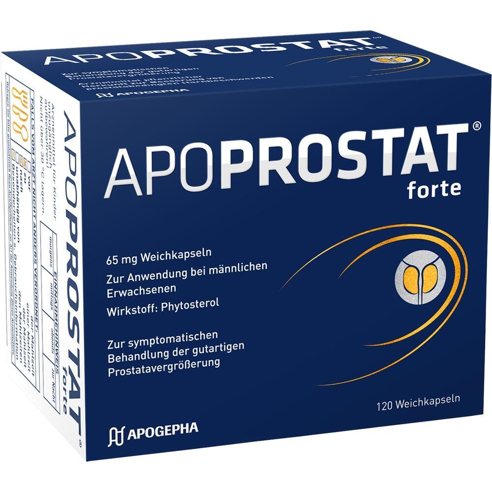 Eine blaue Packung mit der Aufschrift "APOPROSTAT forte" und 120 Weichkapseln.