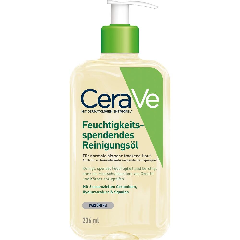 Eine Flasche Feuchtigkeit spendendes Reinigungsöl von CeraVe mit grünem Spender.