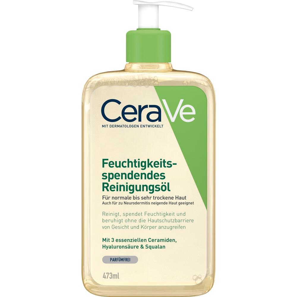 Eine Flasche CeraVe Reinigungsöl mit grünem Etikett und Pumpspender.