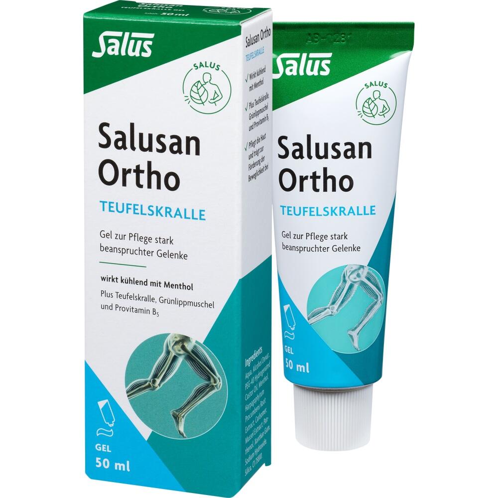 Eine grüne Tube und Verpackung von Gelenkpflegemittel, genannt "Salusan Ortho Teufelskralle".