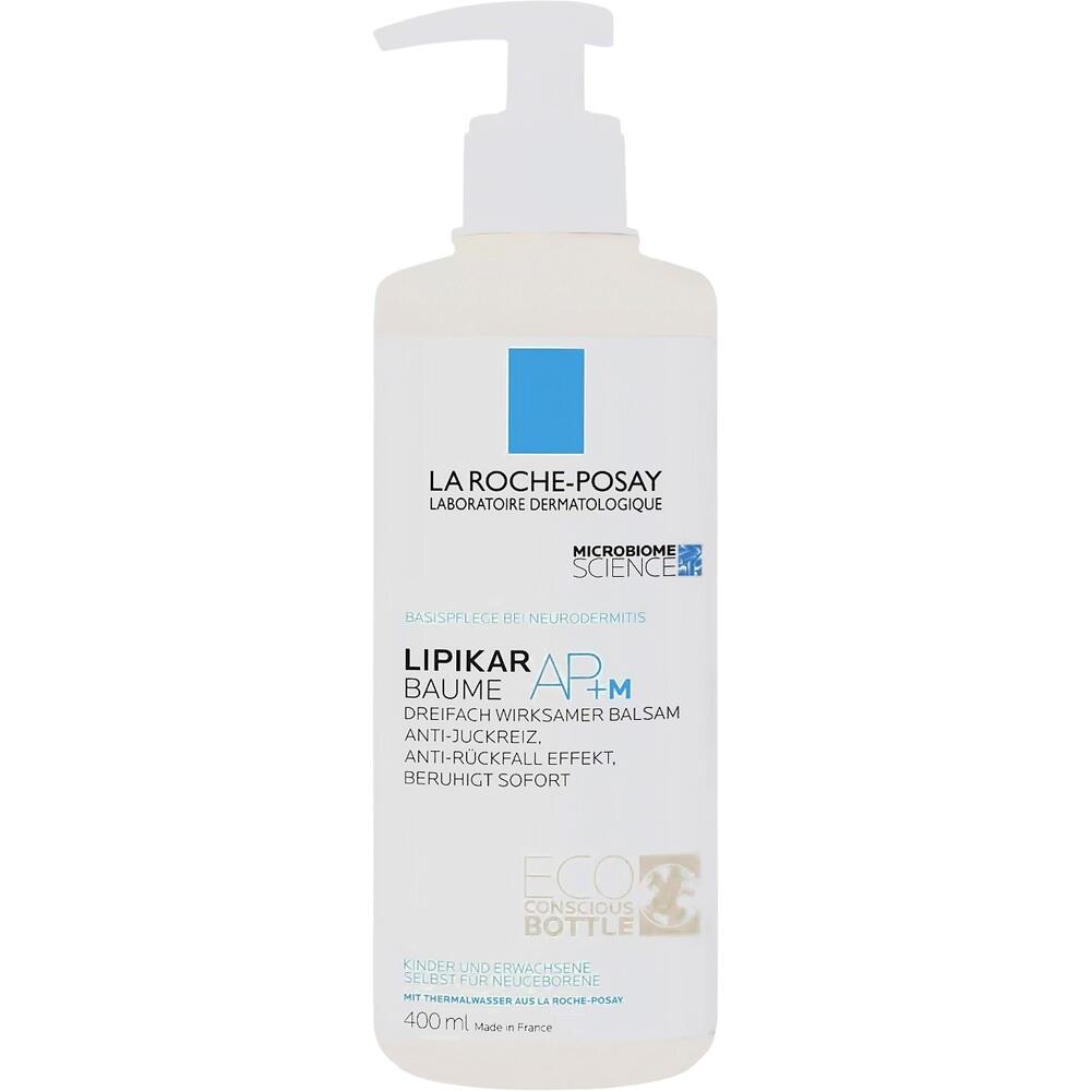 Weiße Flasche mit Pumpspender und blauer Aufschrift "Lipikar Baume AP+M".