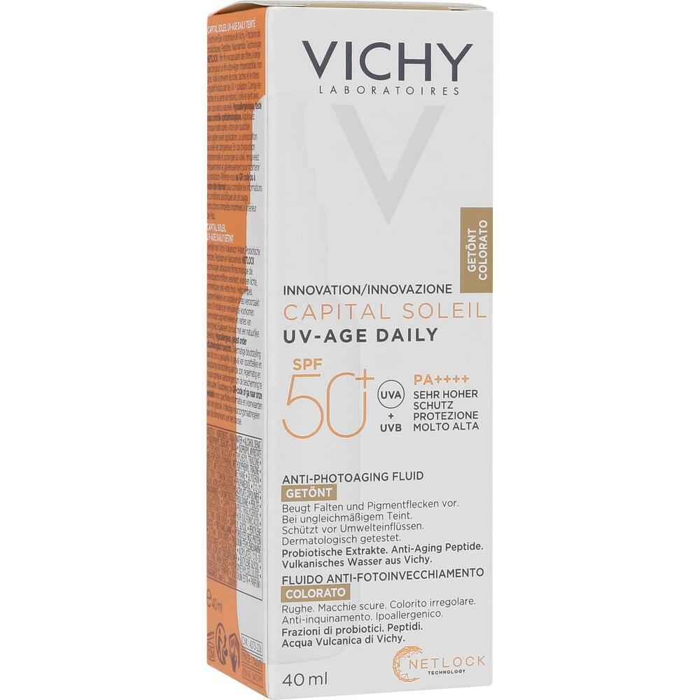 Orange-weiße Verpackung von Vichy Sonnencreme mit Lichtschutzfaktor 50.