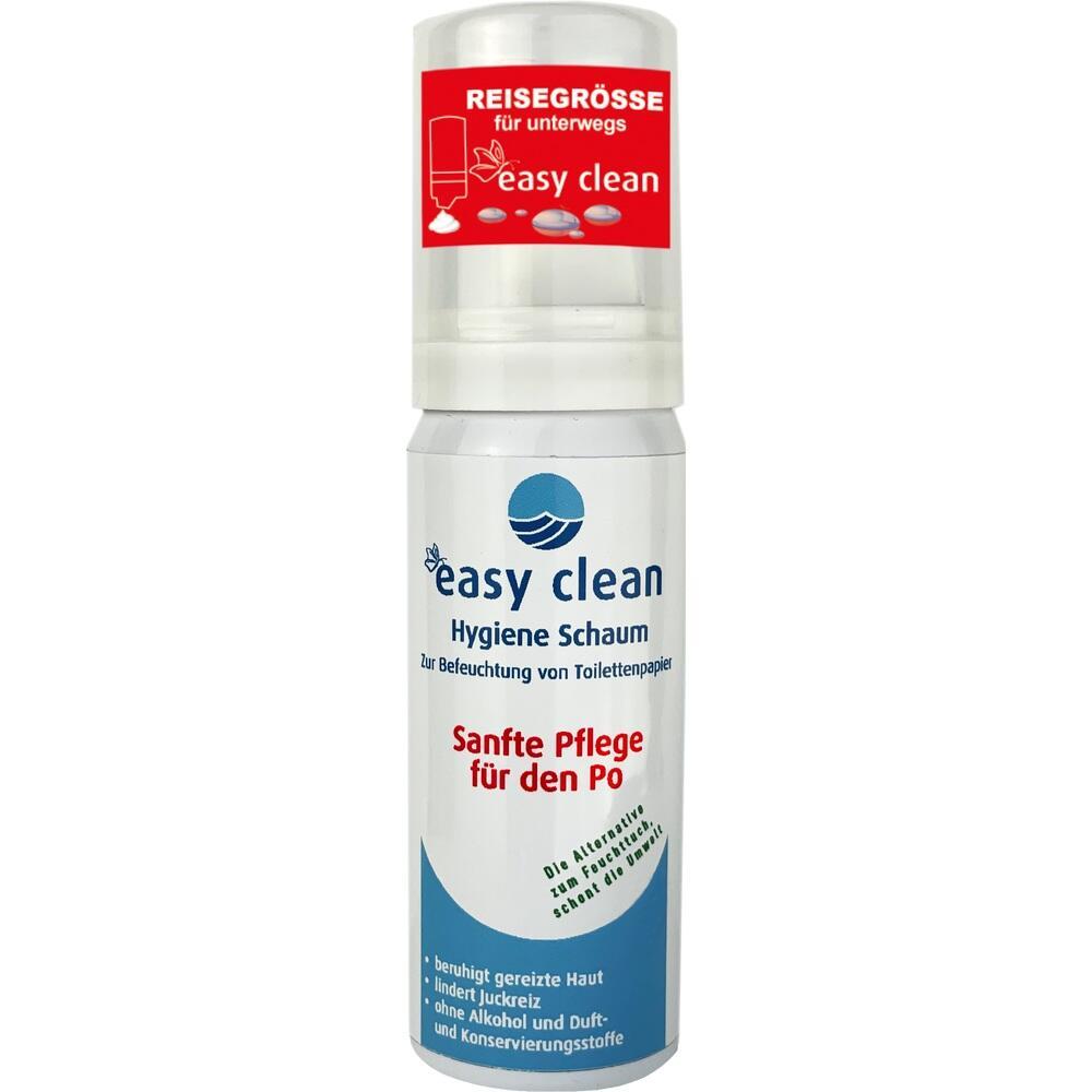 Weiße Sprühdose mit rotem Aufkleber, "easy clean" Hygiene-Schaum für unterwegs.