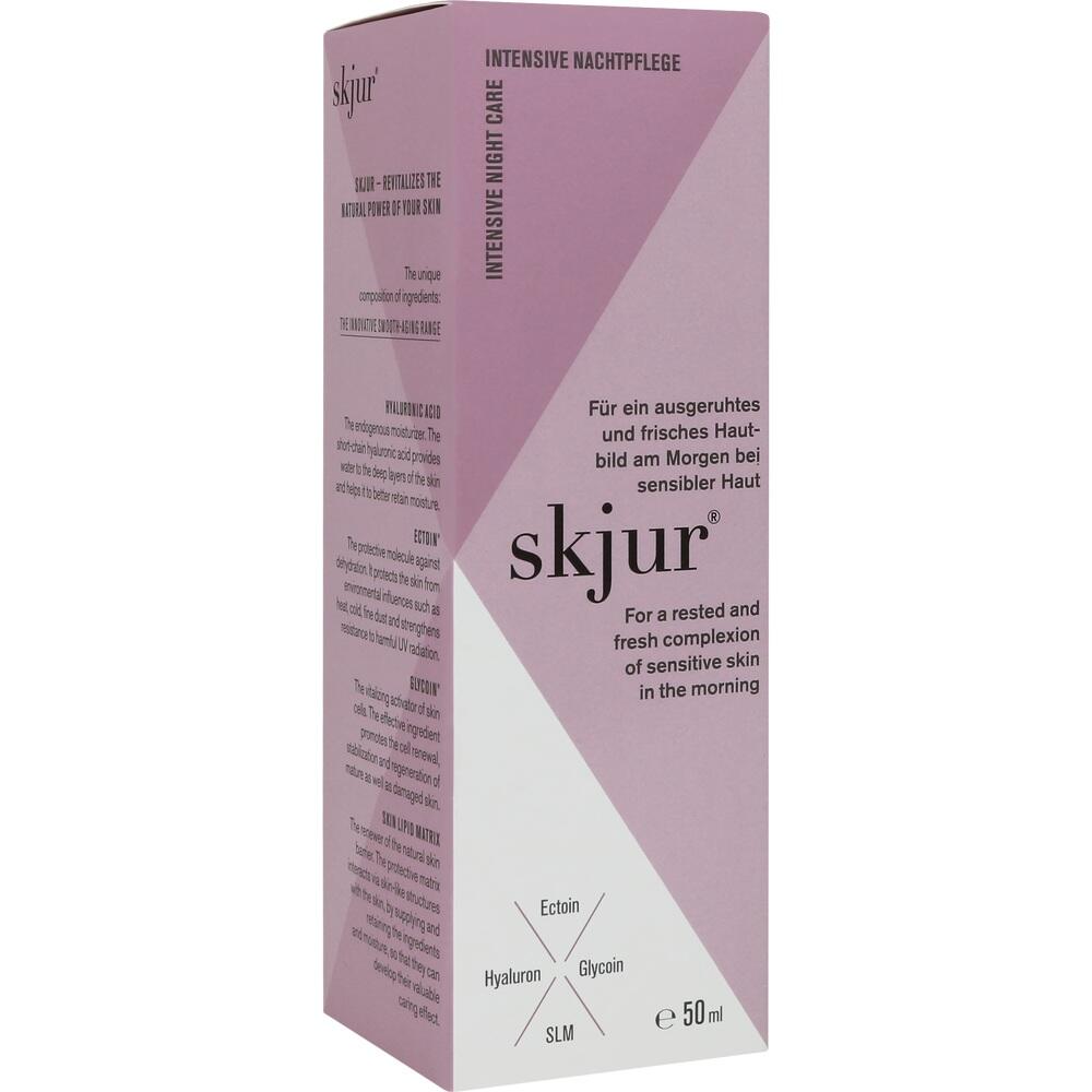 Lila und weiße Verpackung einer Hautpflegecreme mit dem Namen "skjur".