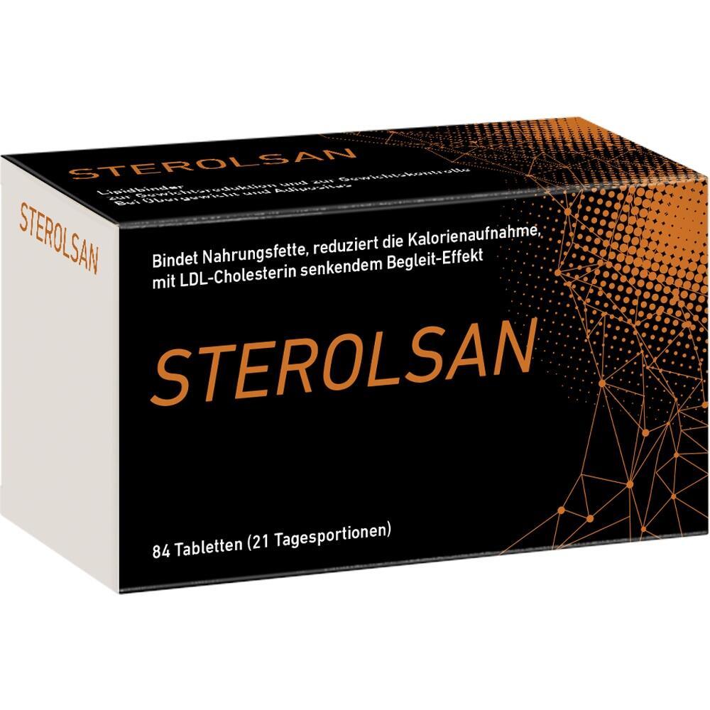 Schwarze Packung mit der Aufschrift "STEROLSAN" und orange Muster.