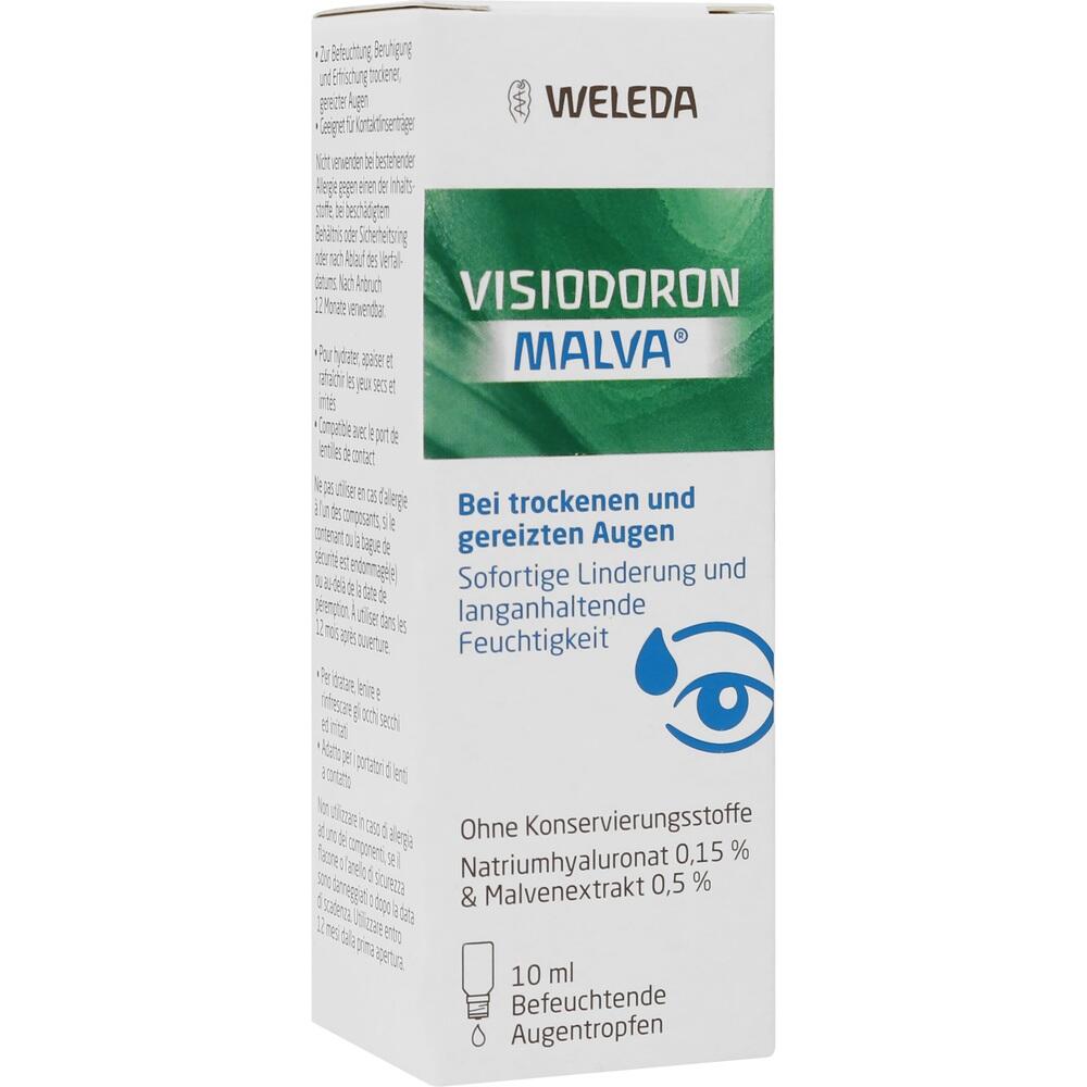 Weiße Schachtel mit blauer Banderole und Augentropfen-Design für trockene Augen.