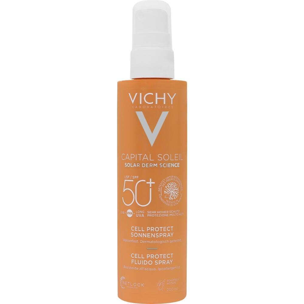 Orangene Sprühflasche mit Sonnenspray LSF 50+ von Vichy.