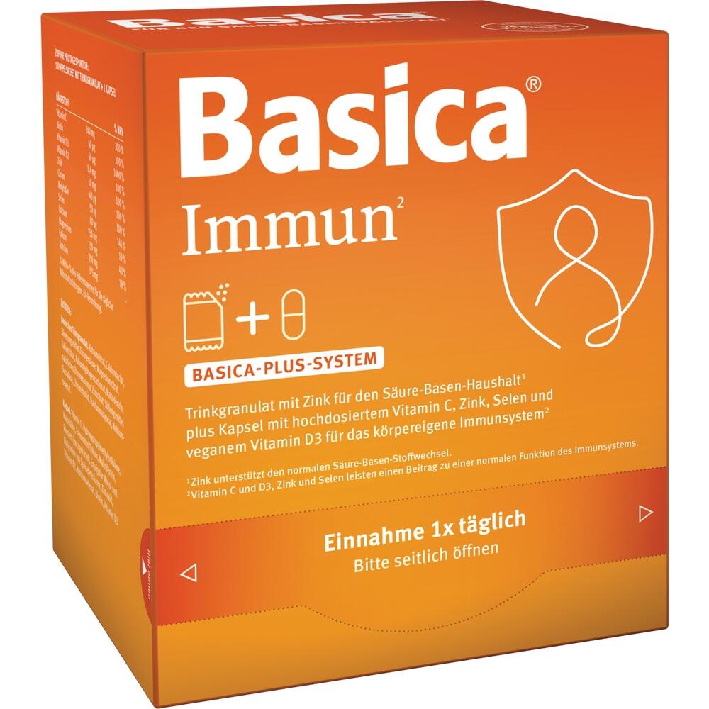 Orangene Verpackung von Basica Immun mit Zink- und Vitamin-C-Kapseln zur Immunstärkung.
