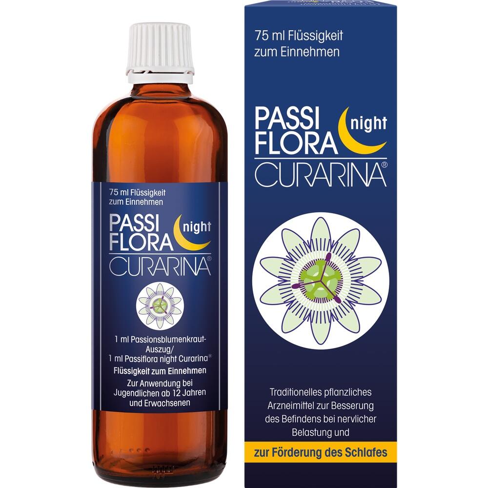 Eine Flasche mit einer Packung eines pflanzlichen Schlafmittels namens Passiflora Curarina Night.