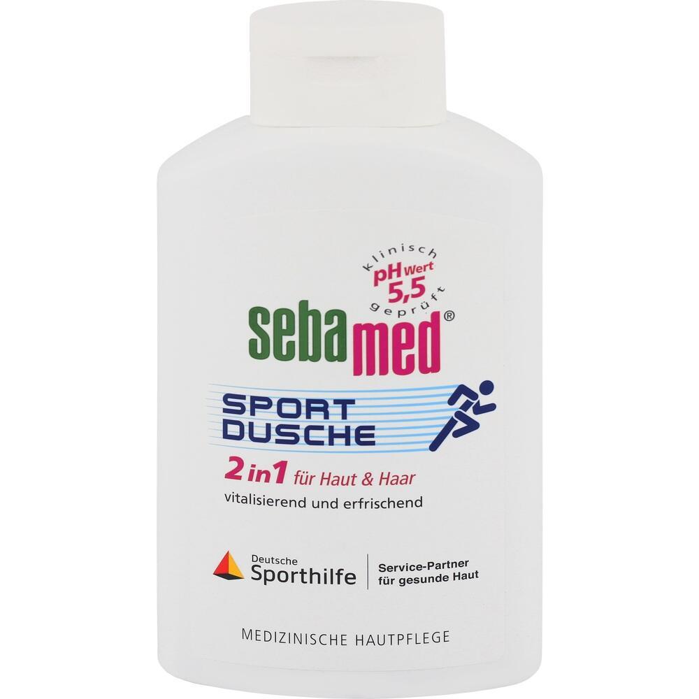Eine weiße Flasche Sebamed Sportdusche für Haut und Haar.