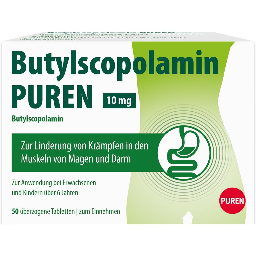 Verpackung von Butylscopolamin-Tabletten gegen Krämpfe im Magen-Darm-Bereich.