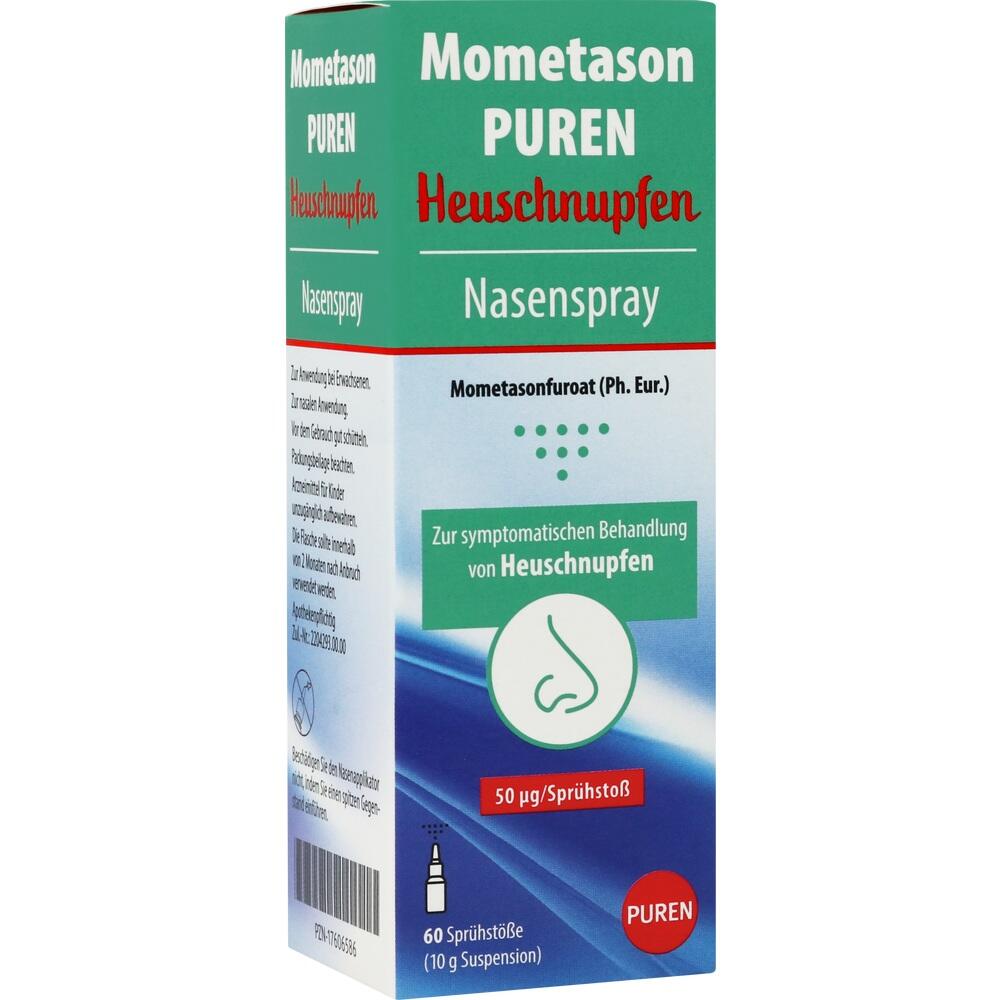 Verpackung eines Nasensprays gegen Heuschnupfen mit 60 Sprühstößen.