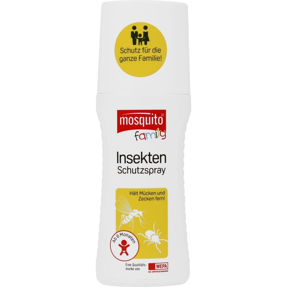 Weiße Flasche mit Insektenspray für Familien, gelbes Etikett, schützt vor Mücken und Zecken.