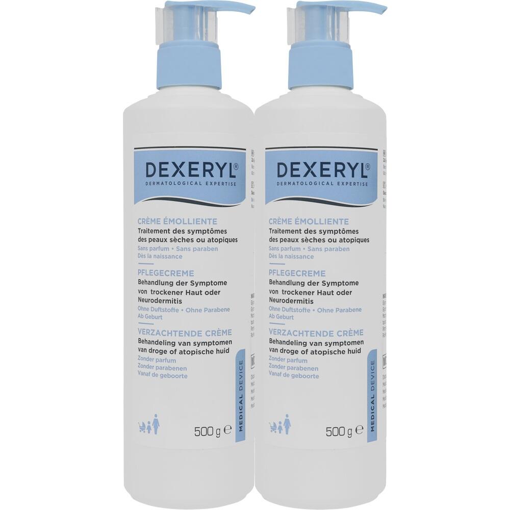 Zwei weiße Spenderflaschen einer Creme mit blauem Aufsatz und der Aufschrift "Dexeryl".