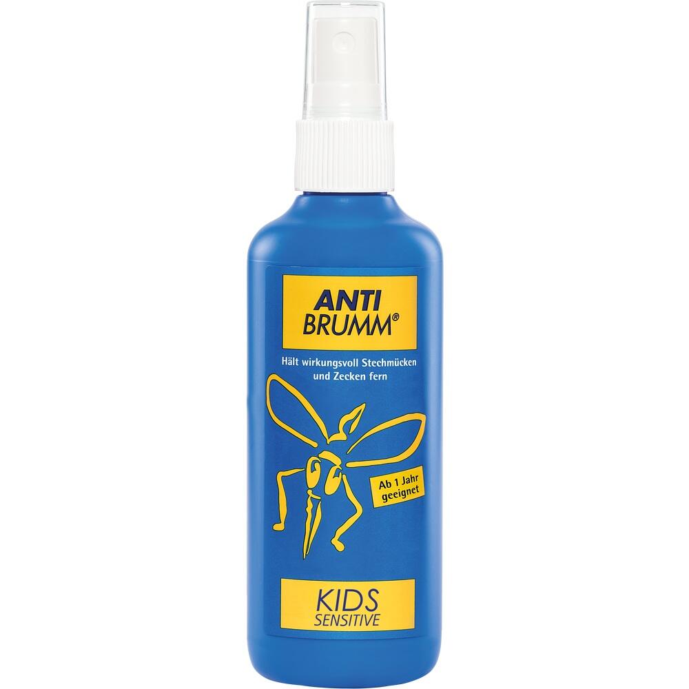 Blaue Sprühflasche mit gelbem Etikett gegen Mücken und Zecken für Kinder.