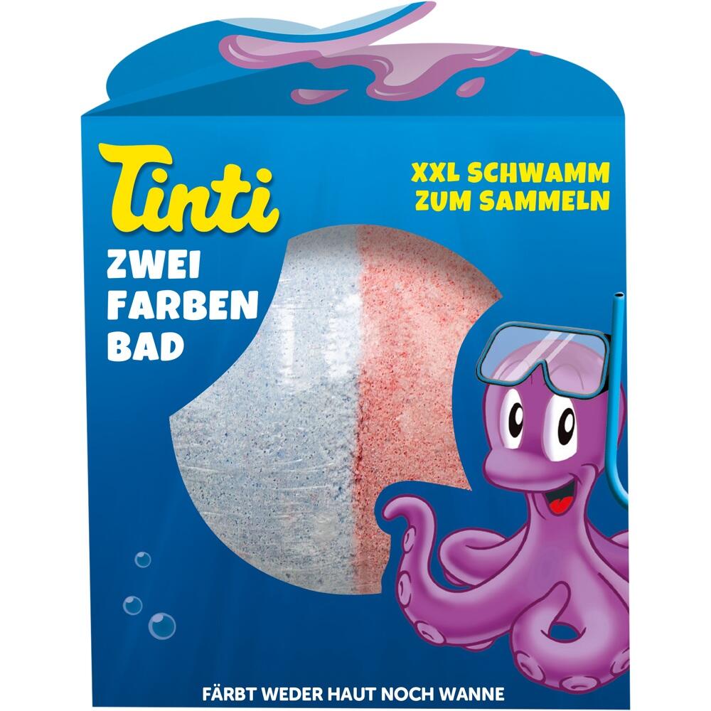 Bunte Badezusatz-Verpackung mit einer lächelnden lila Krake und zwei Farbkugeln.