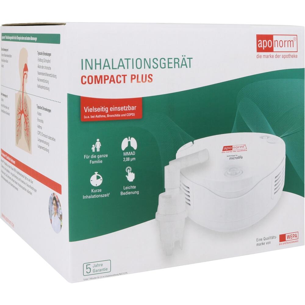 Eine Verpackung für ein Inhalationsgerät namens "Compact Plus" von "aponorm".