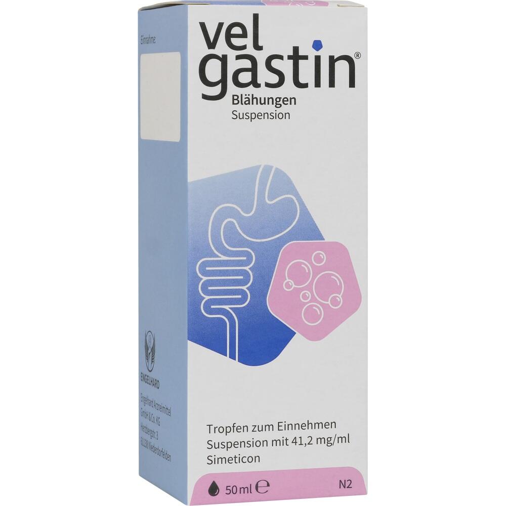 Eine Schachtel Medizin gegen Blähungen mit einer Zeichnung eines Magens.