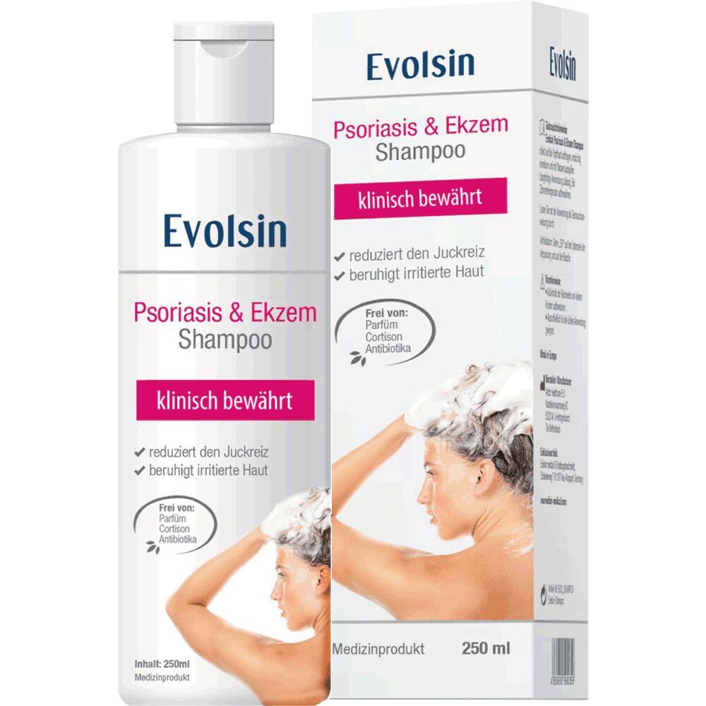 Eine Flasche und Packung Evolsin Shampoo für Psoriasis und Ekzem.