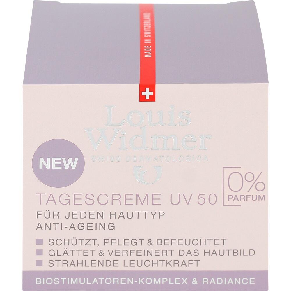 Eine rosa Verpackung mit der Aufschrift "Tagescreme UV 50, Louis Widmer".