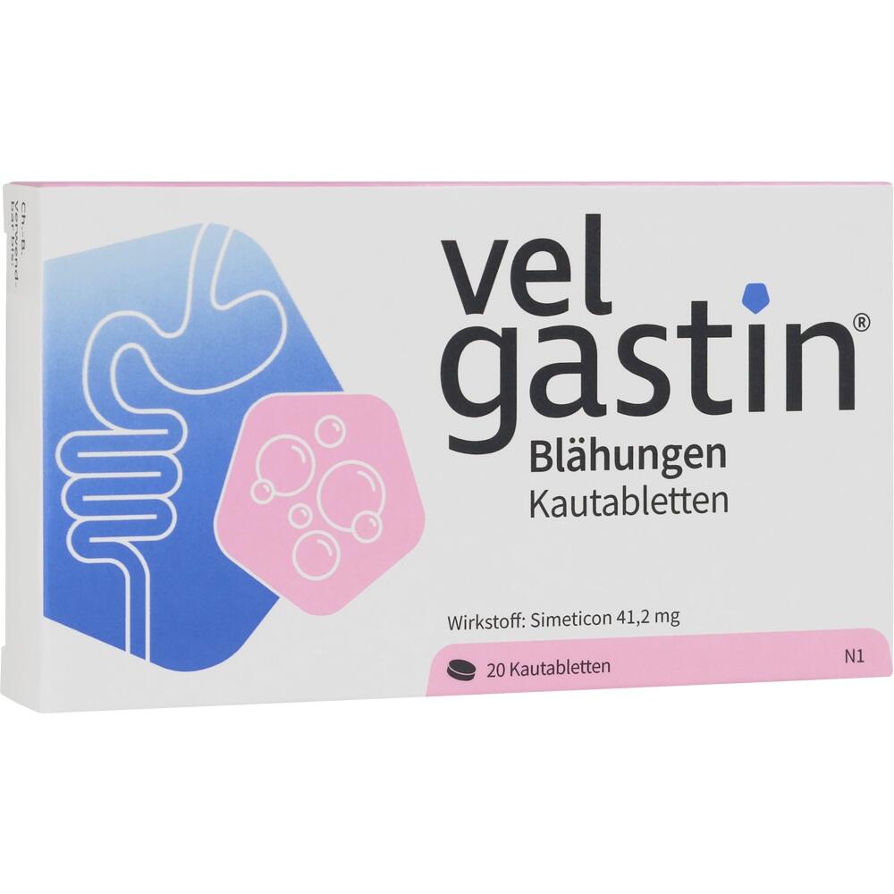 Packung Velgastin-Kautabletten gegen Blähungen mit 20 Tabletten.