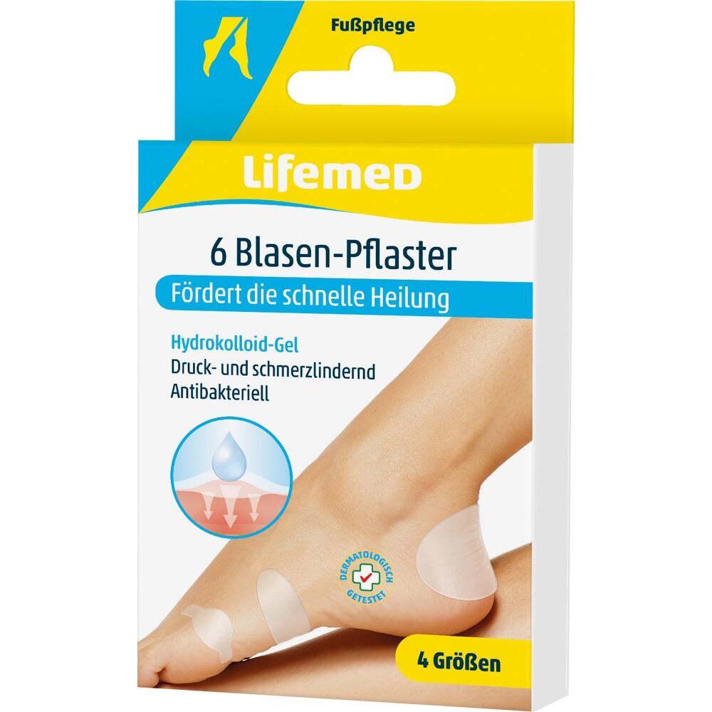 Packung mit sechs Blasenpflastern für schnelle Heilung an Füßen.