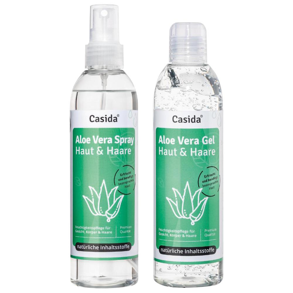 Zwei Flaschen mit gr&uuml;nem Etikett: Aloe Vera Spray und Gel f&uuml;r Haut und Haare.