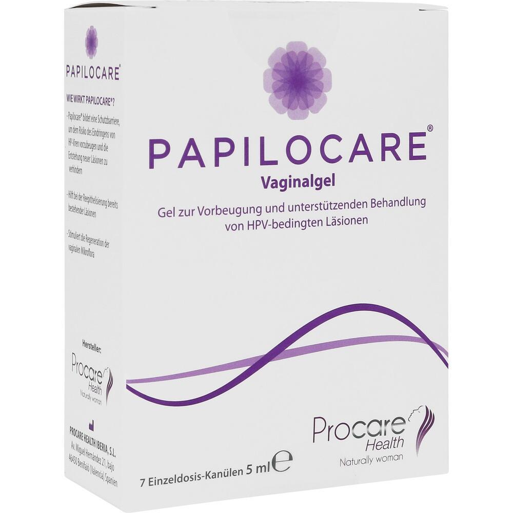 Eine weiße Verpackung mit der Aufschrift "Papilocare Vaginalg Gel".