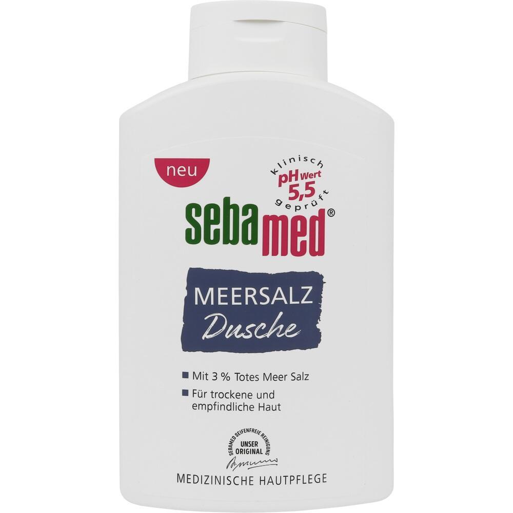 Weiße Flasche mit der Aufschrift "sebamed Meersalz Dusche" für trockene Haut.